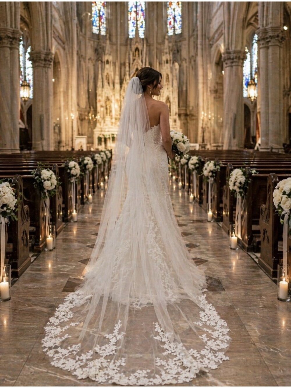 Bridal Applique Veil 1 Layer Lace Embroidered Edge Cathedral Wedding Veil NEW